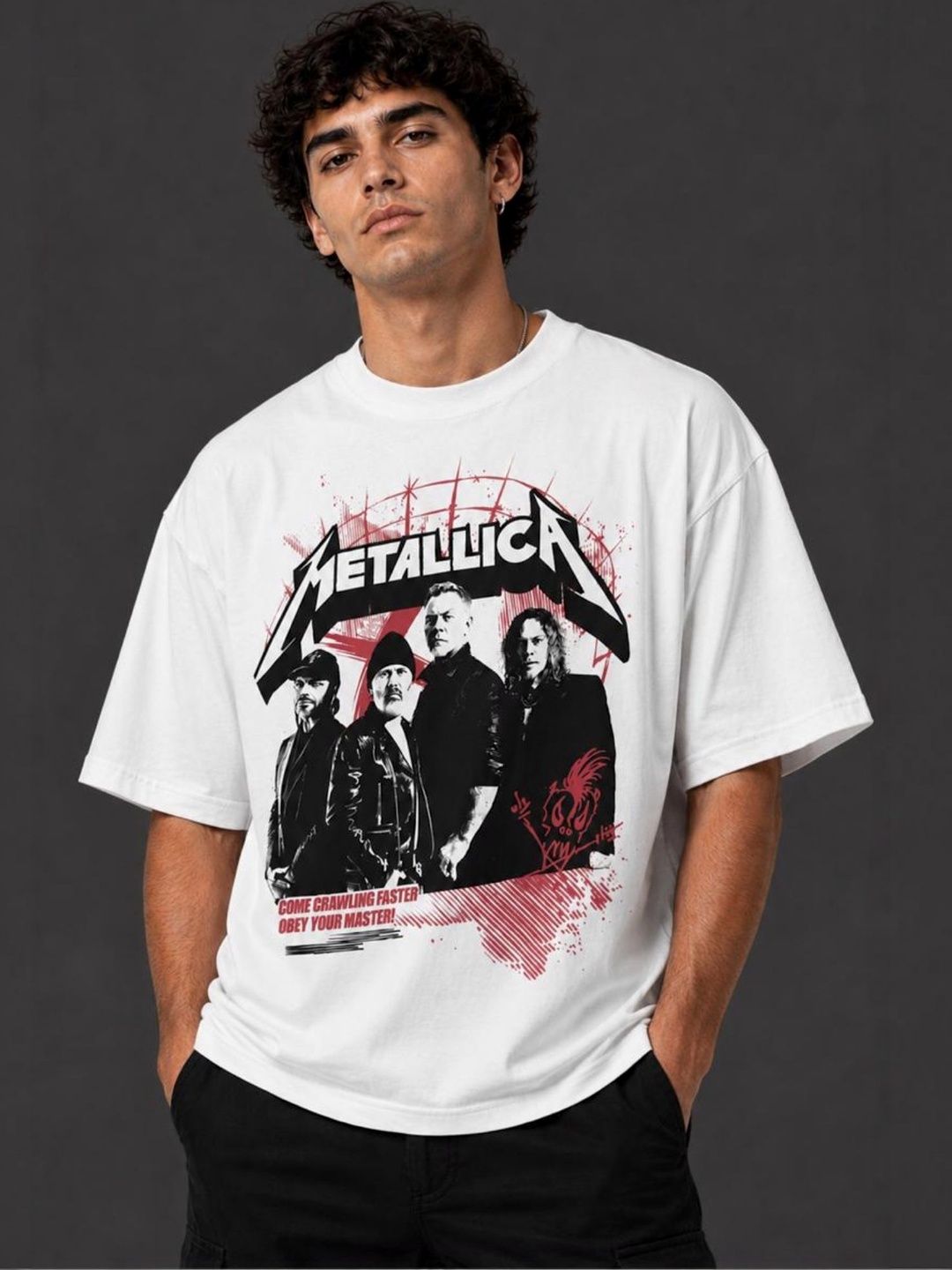 CAPTCHA Graphic Metallica Printed Drop-Shoulder Sleeves Pure Cotton Oversized T-shirt