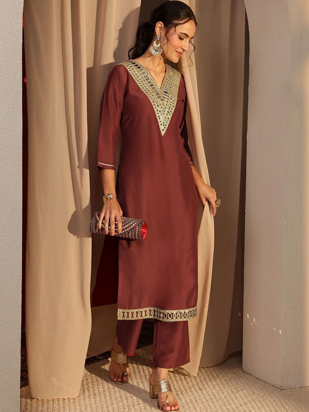 Libas Libas Rust Mirror Work Yoke Design Straight Kurta Set