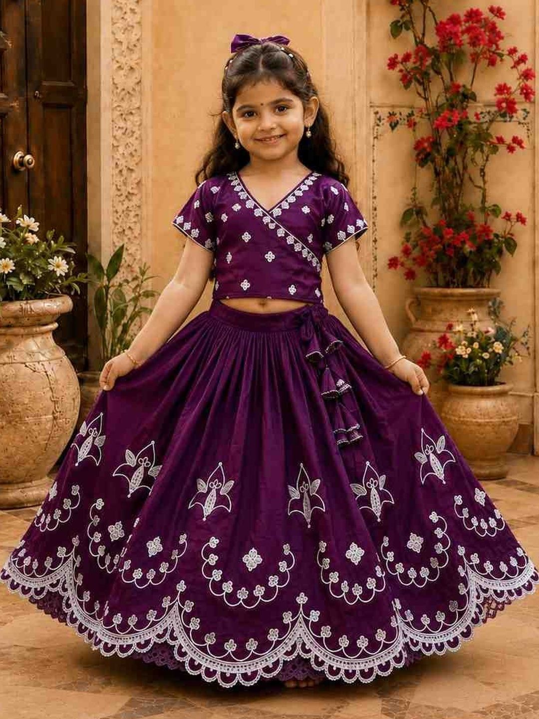 KALINI Girls Embroidered Thread Work Semi-Stitched Lehenga &