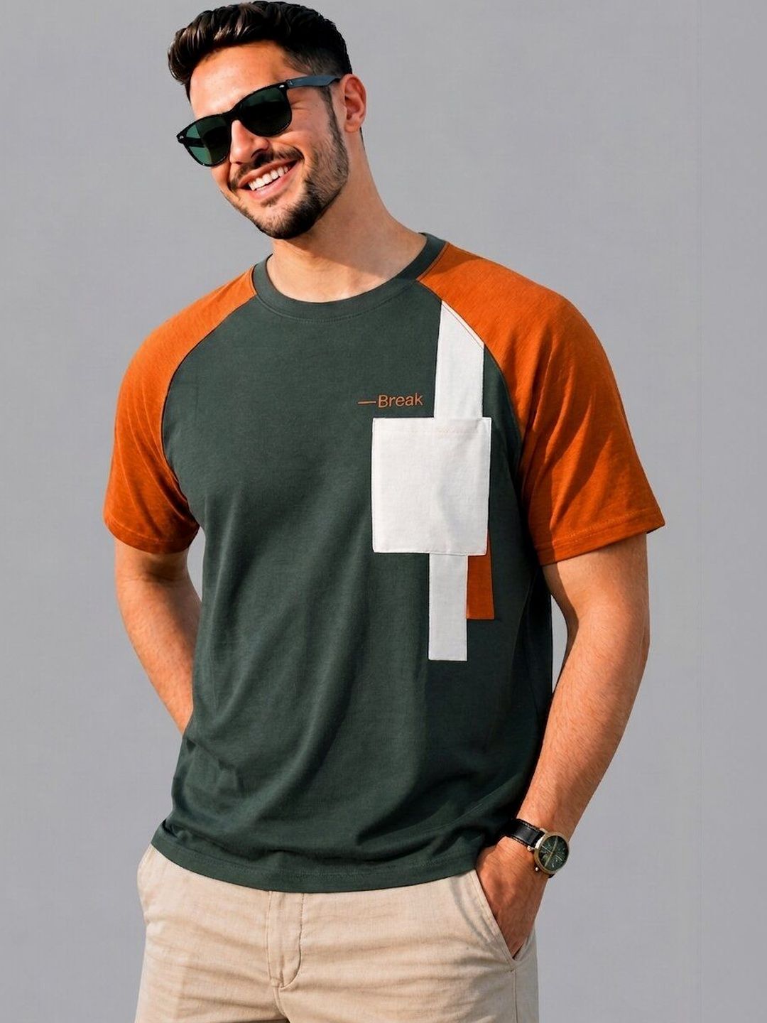 REYA Men Colourblocked Round Neck Raglan Sleeves T-shirt