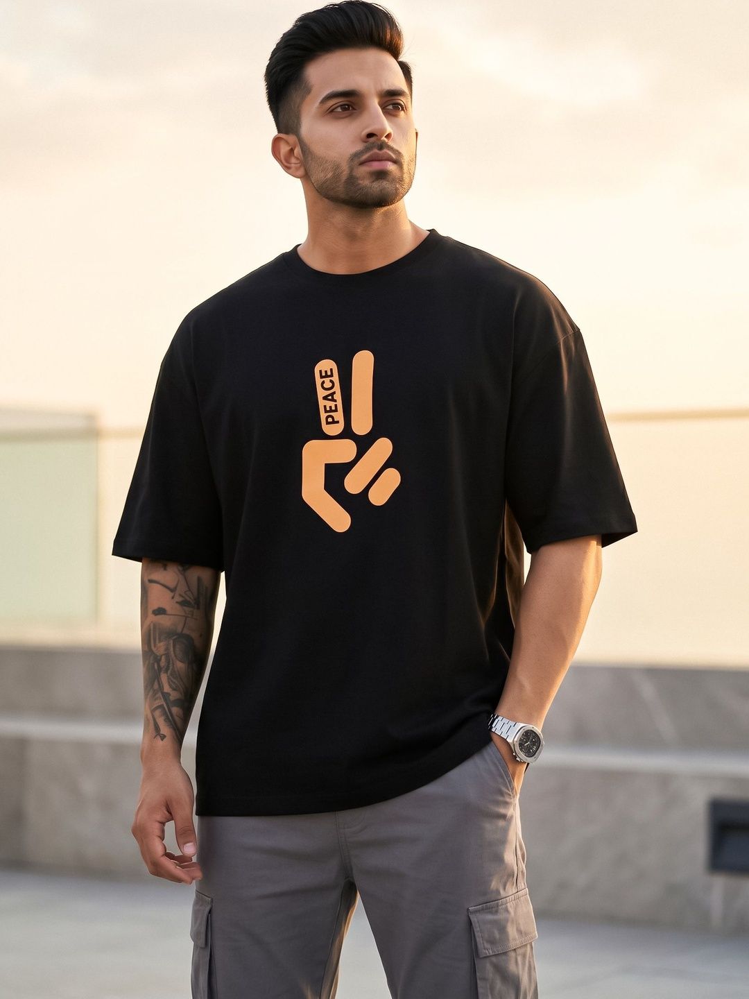 CHUGHZ Men's Oversized Typography Printed T-shirt with Drop-Shoulder Sleeves