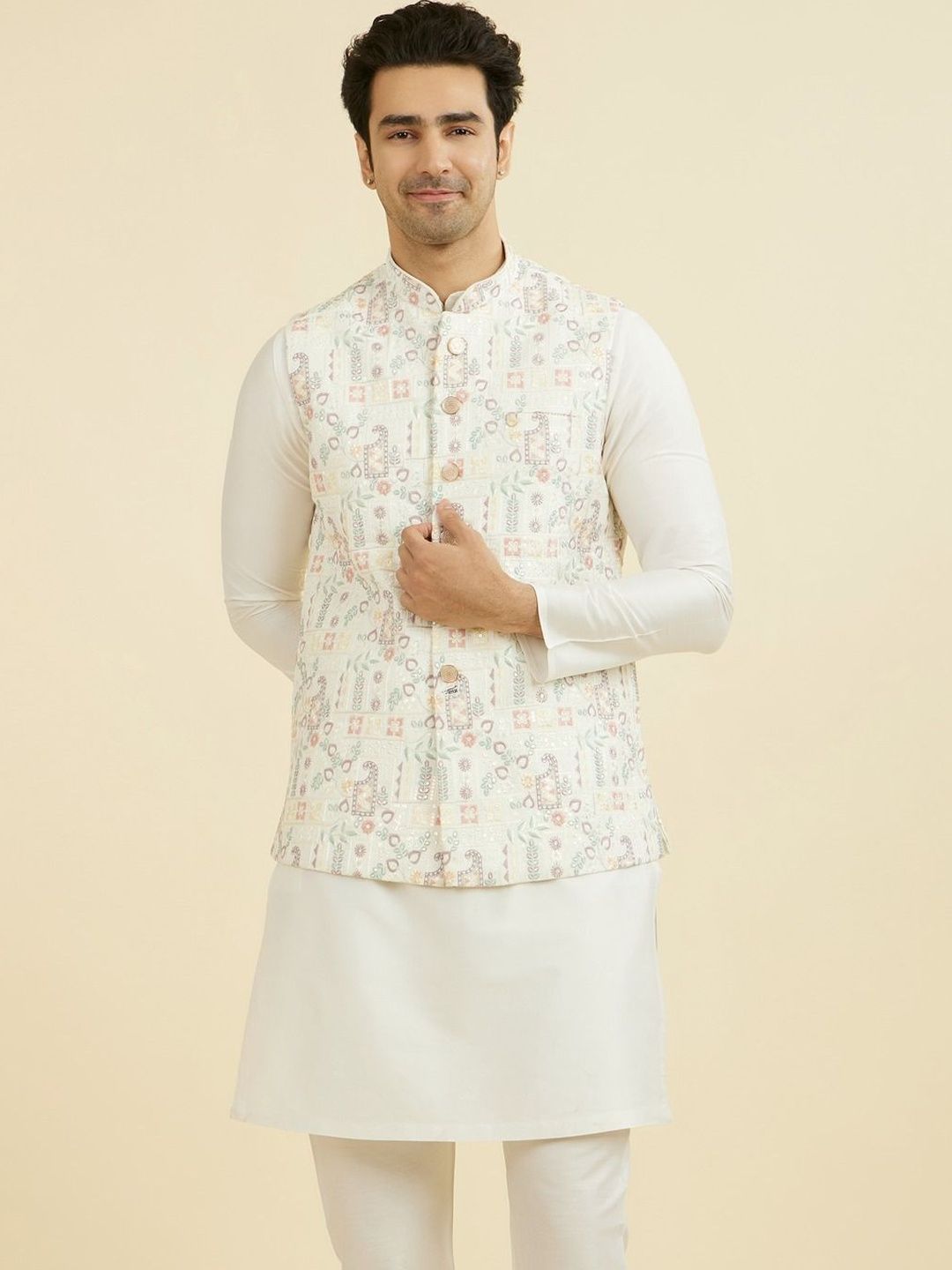 Manyavar Embroidered Mandarin Collar Nehru Jackets
