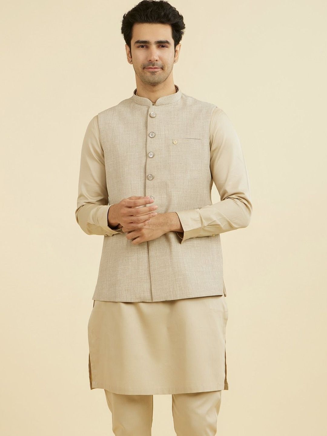 Manyavar Self Design Mandarin Collar Nehru Jackets