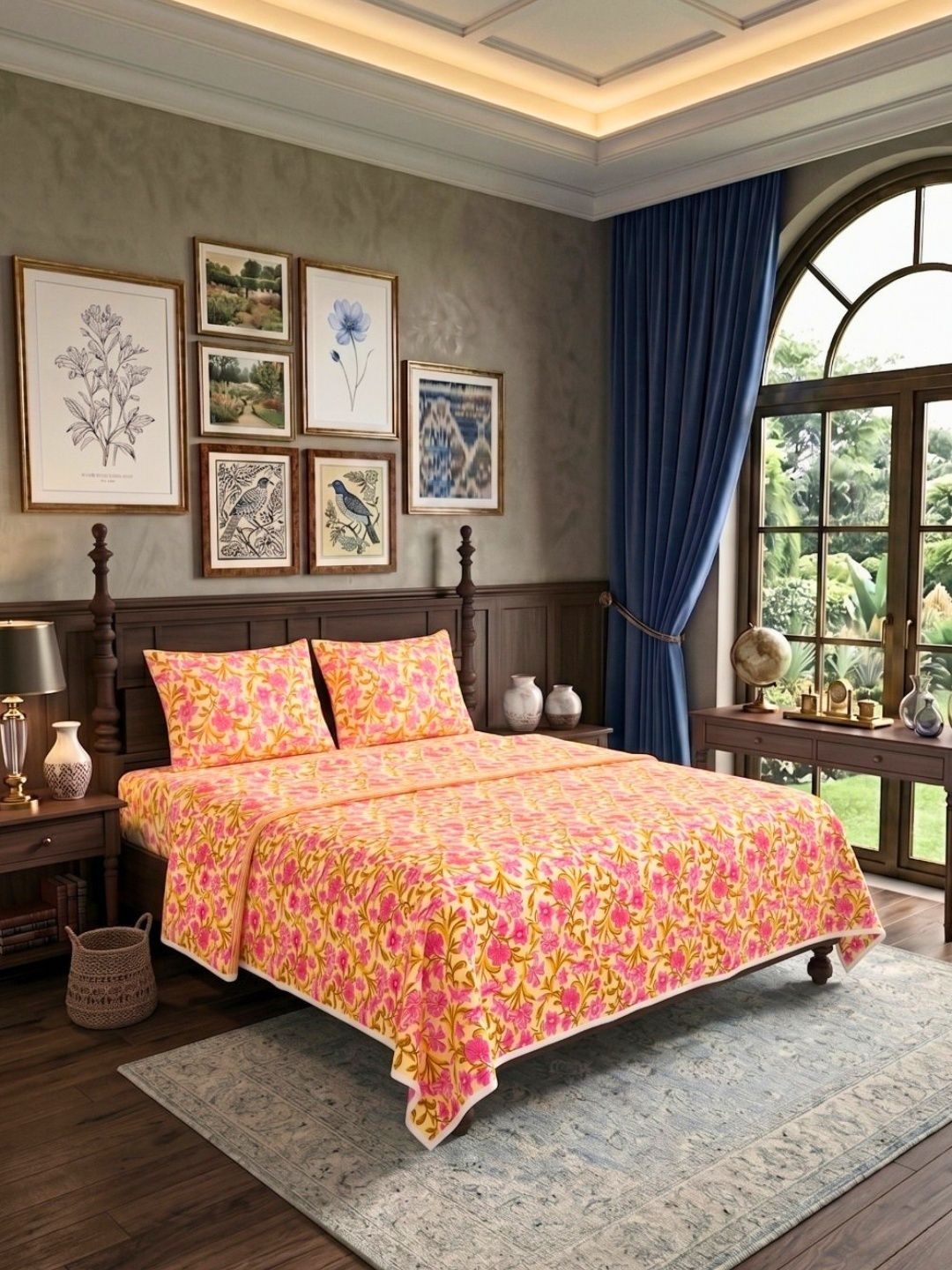 JAIPUR FABRIC Pink & Yellow Ethnic Motifs Cotton 4 Piece Double Queen Superfine Bedding Set