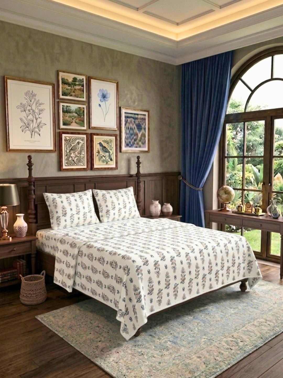 JAIPUR FABRIC Grey & White Ethnic Motifs Cotton 4 Piece Double Queen Superfine Bedding Set