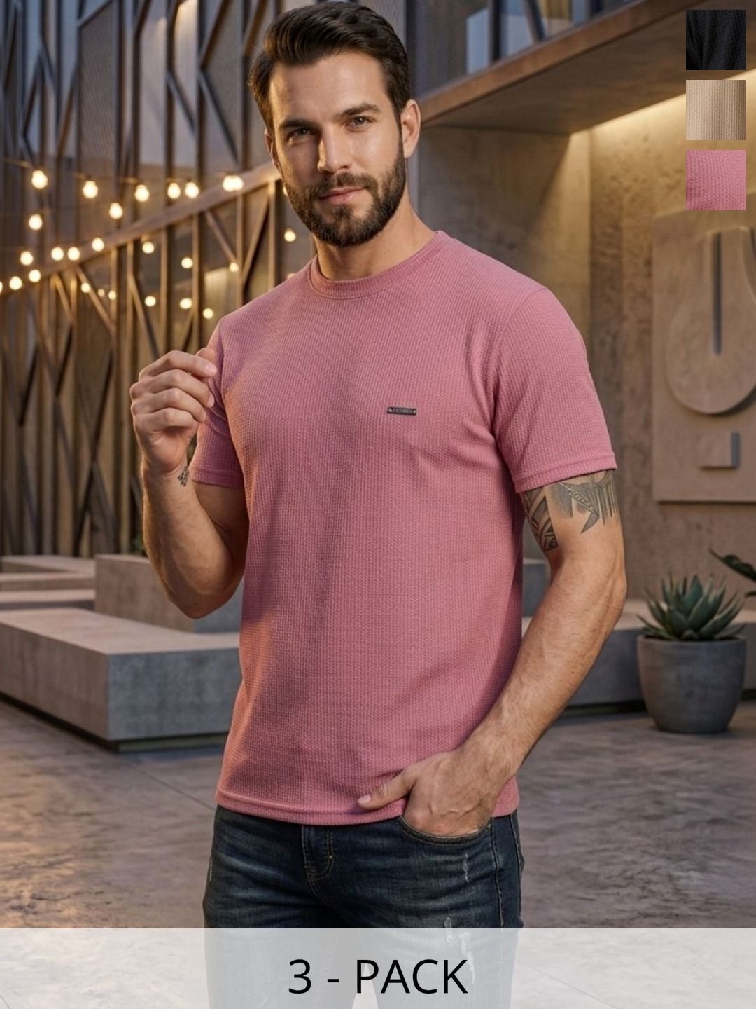 R.Code by The Roadster Life Co. Men Pack of 3 Self Design Cotton T-shirt
