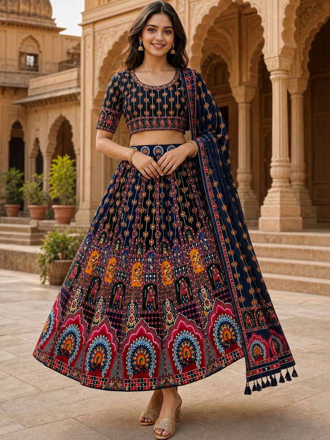 Kaizen TEXO FAB Embellished Mirror Work Batik Ready to Wear Lehenga & Blouse With Dupatta