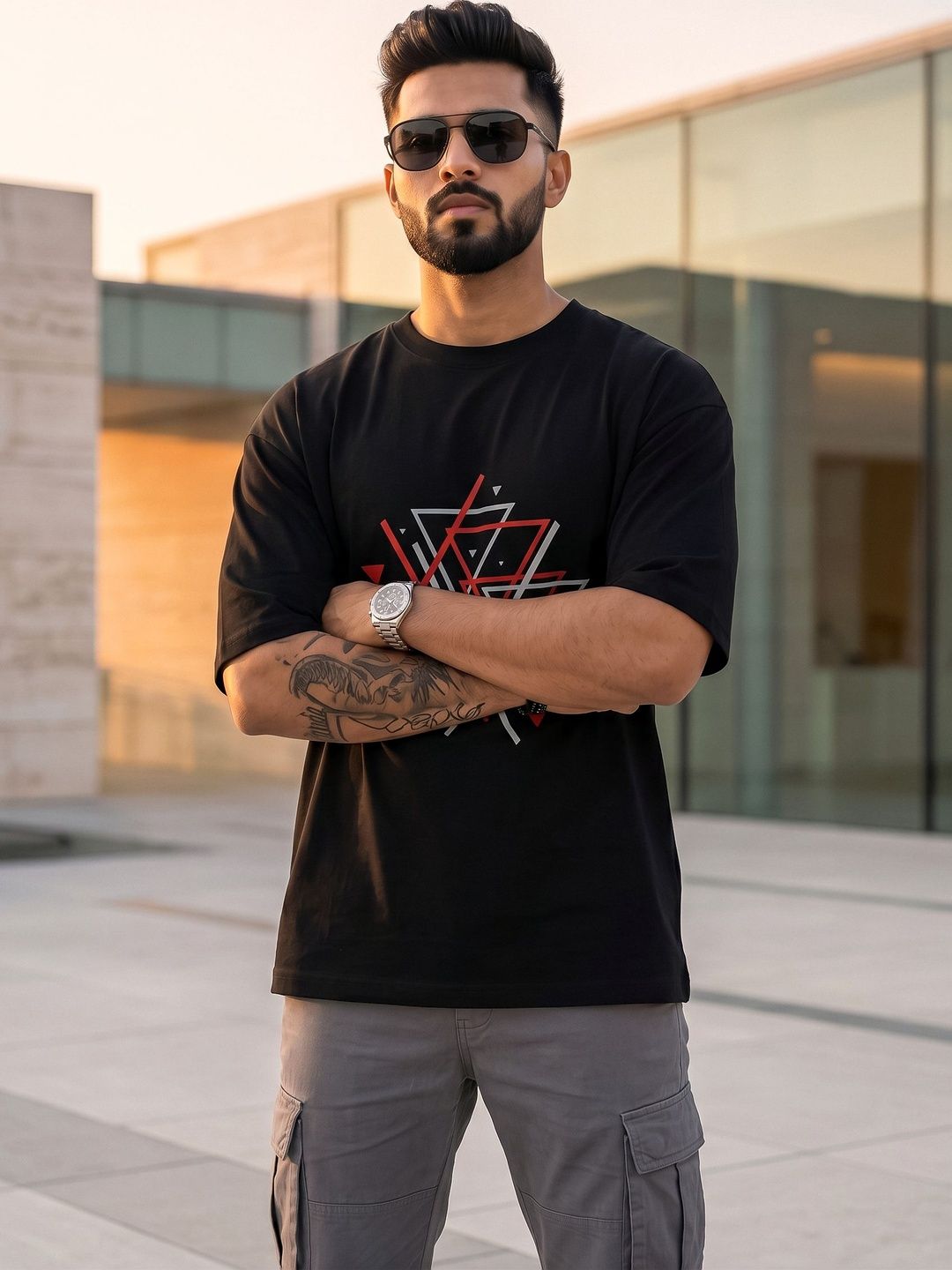 CHUGHZ Black Geometric Graphic Oversized T-shirt