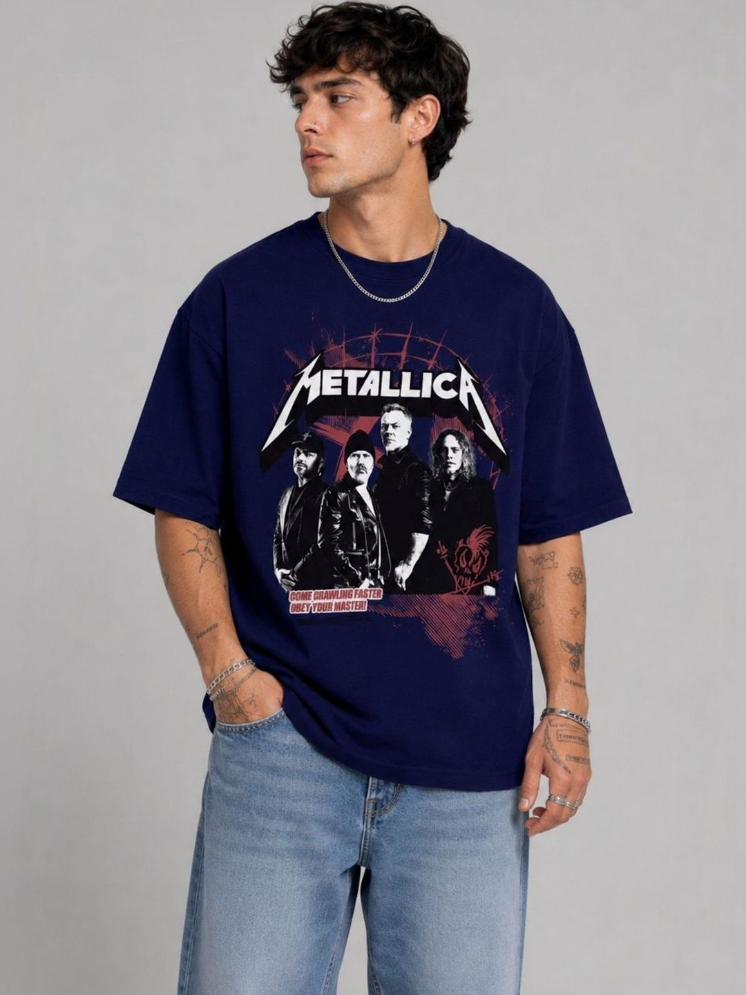 CAPTCHA Graphic Metallica Printed Drop-Shoulder Sleeves Pure Cotton Oversized T-shirt