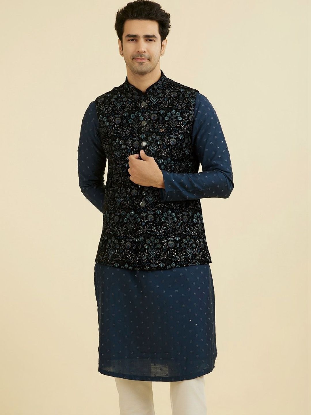 Manyavar Embroidered Mandarin Collar Nehru Jackets
