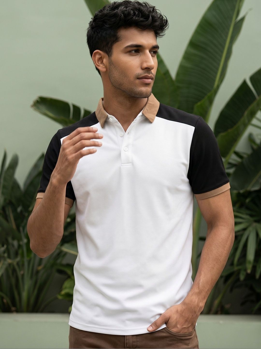 N AND J Men's Colourblocked Polo Collar Regular Fit T-shirt