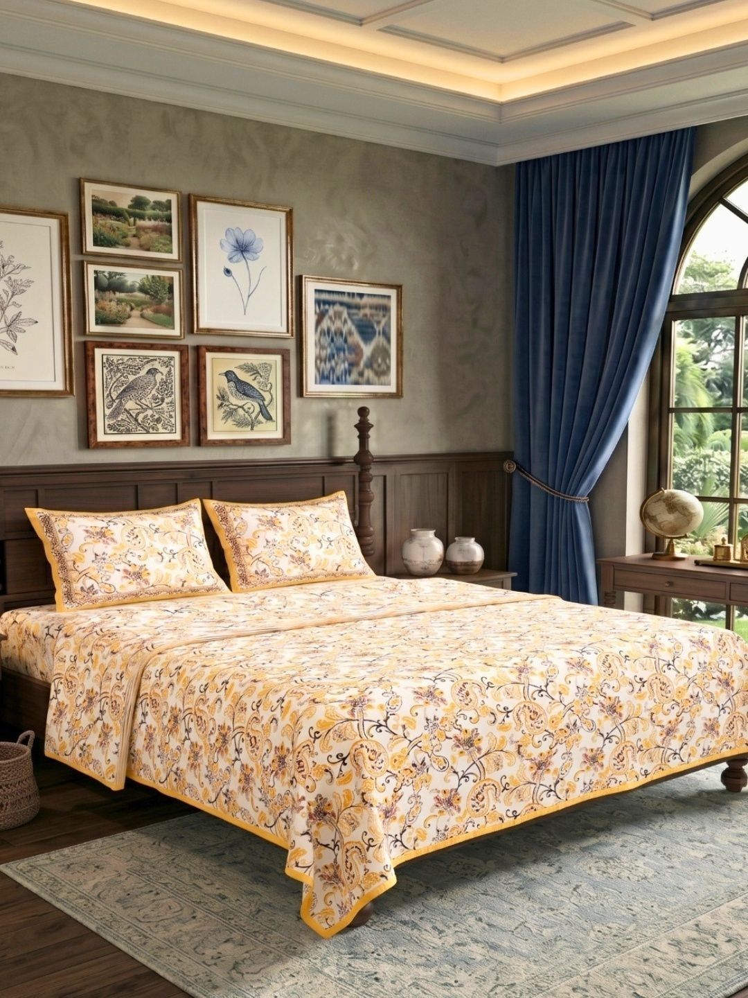 JAIPUR FABRIC Brown & Yellow Ethnic Motifs Cotton 4 Piece Double Queen Superfine Bedding Set