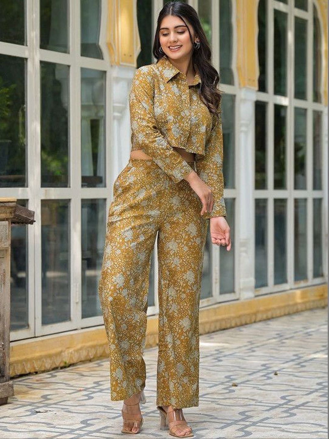 Sangria Floral Cotton Printed Shirt with Trousers