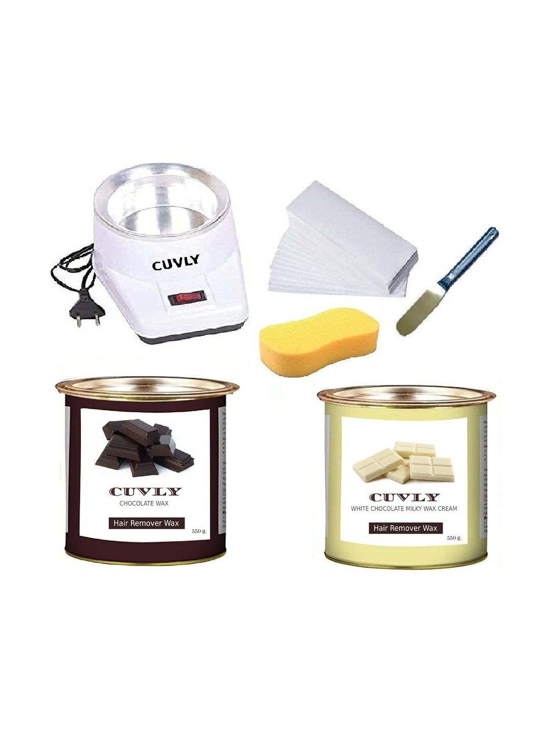 CUVLY Set Of 6 Charcoal & White Chocolate Cream Wax With Heater, Strips, Knife & Sponge