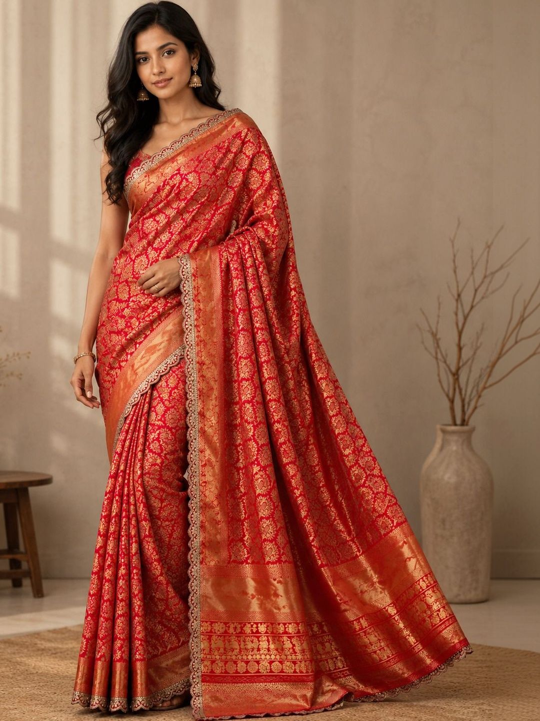 P K SAREES Ethnic Motifs Zari Silk Blend Heavy Work Banarasi Saree