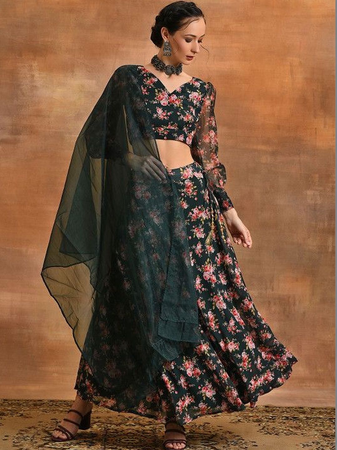 Sangria Floral V-Neck Flared Lehenga Choli