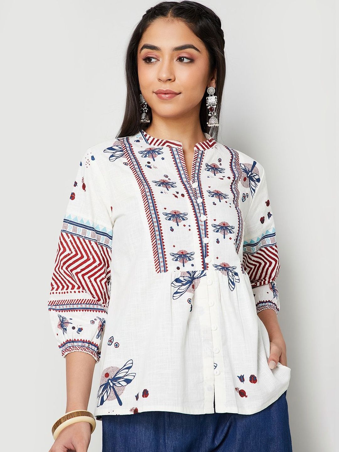 Colour Me by Melange Print Mandarin Collar Cotton Top