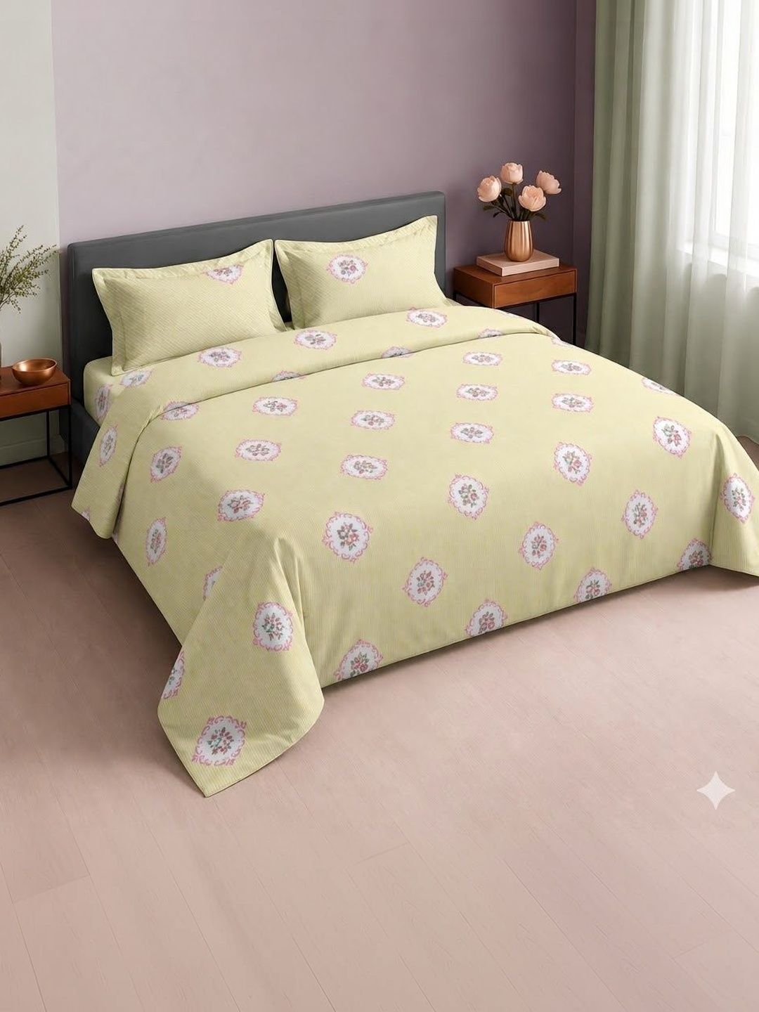 Sangria Yellow Geometric Pure Cotton Soft Feel 210 TC Super King Fine Bedsheets