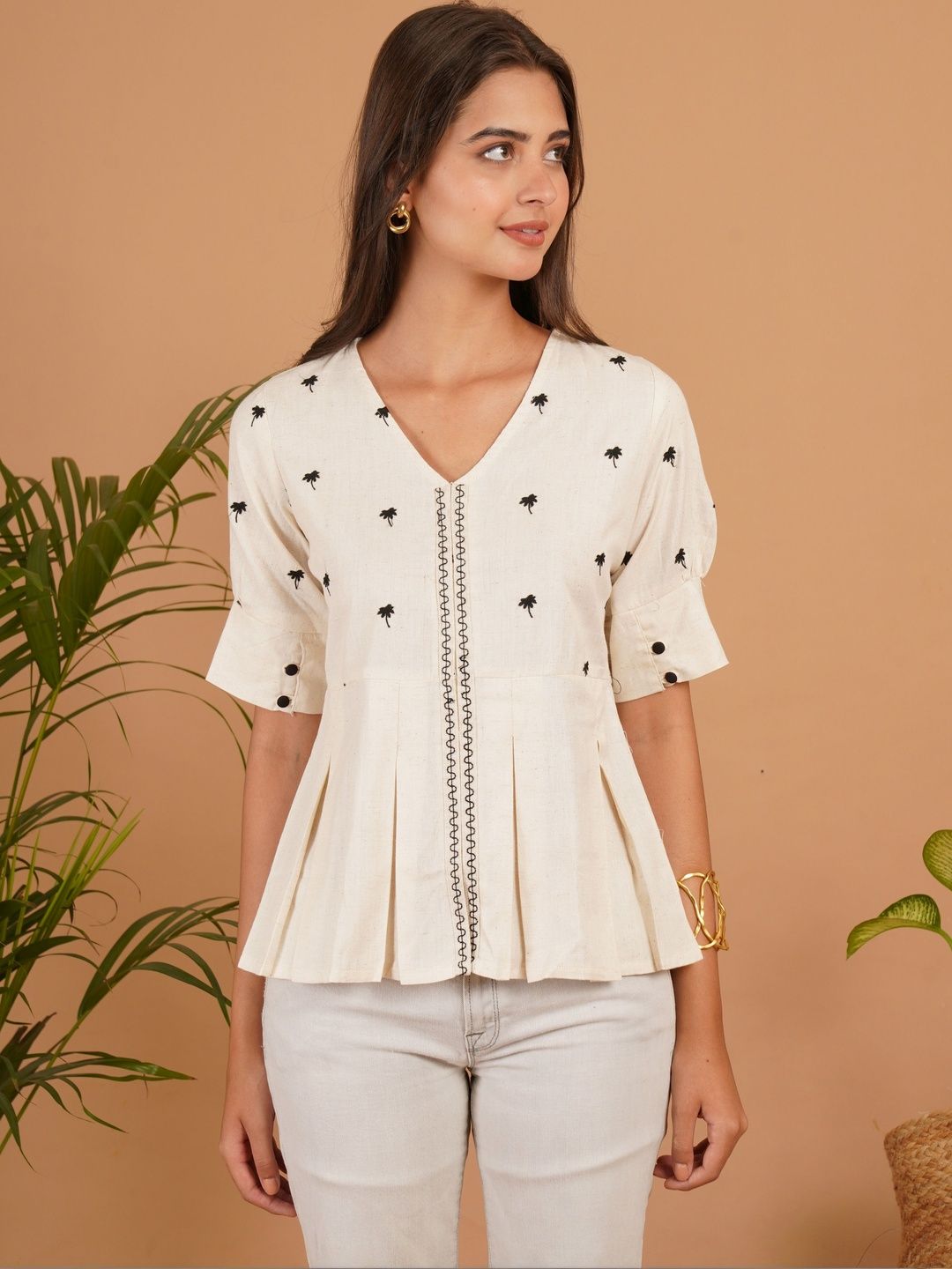 Sangria Botanical Printed V-Neck Pure Cotton Blend Panelled Kurti