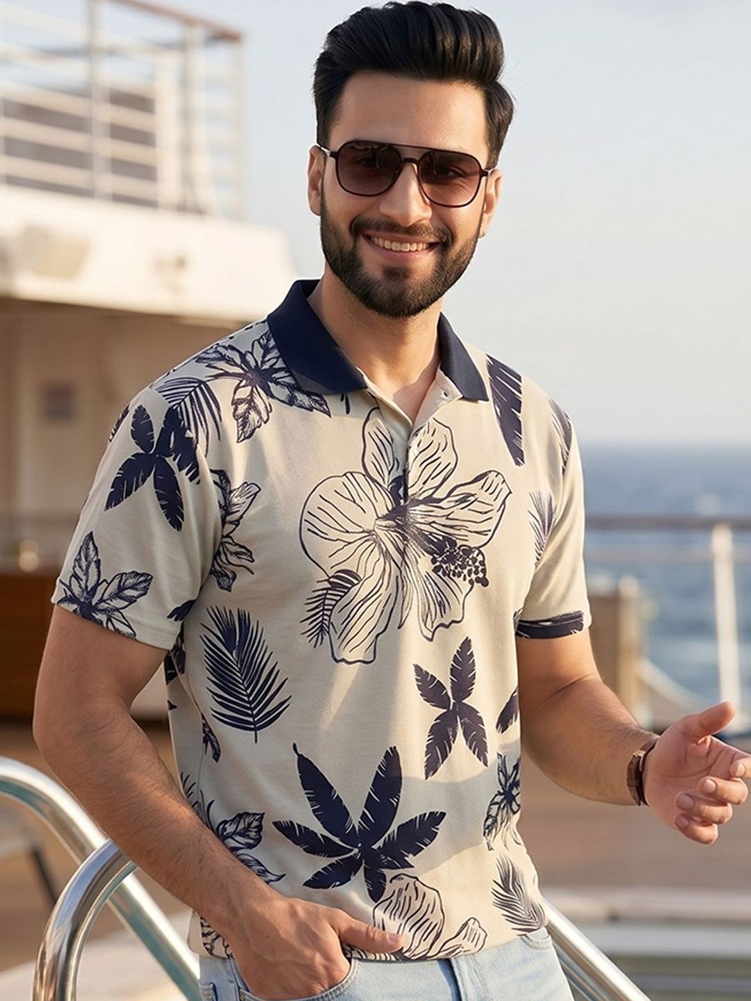 Mast & Harbour Men Floral Printed Polo Collar Tropical T-shirt