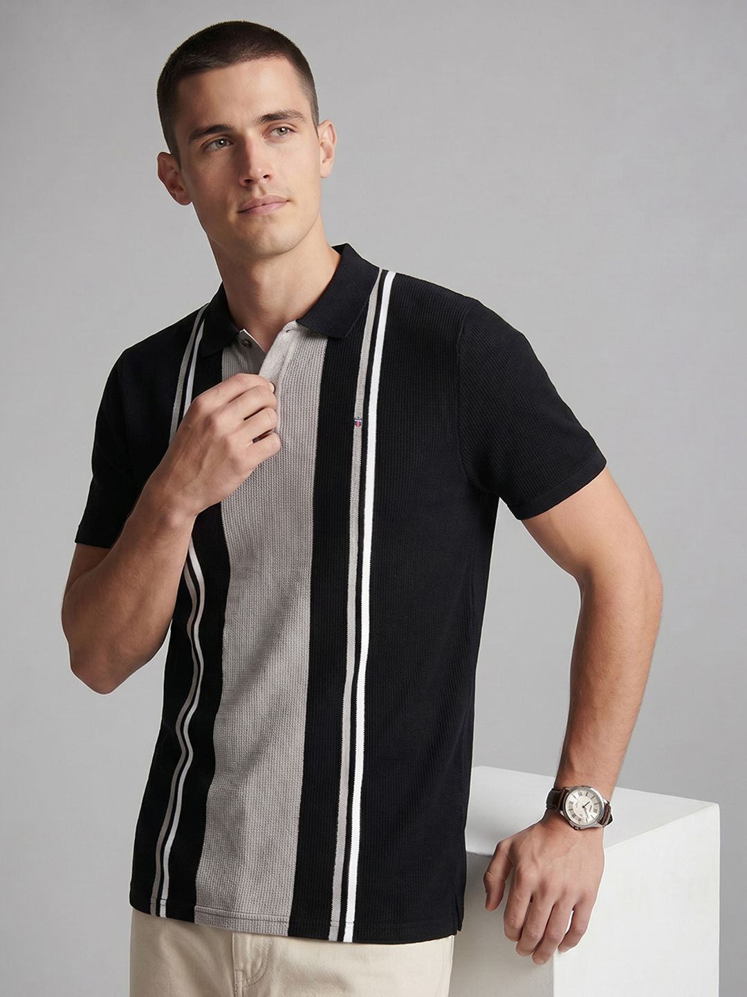 Striped Polo Collar T-shirt Louis Philippe Men Slim Fit Engineered Stripe And Yarn Dyed Pique Polo Tshirt