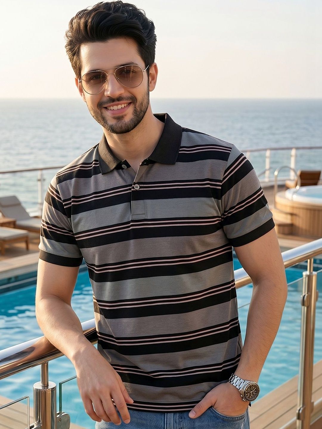 Mast & Harbour Striped Polo Collar Short Sleeves T-shirt