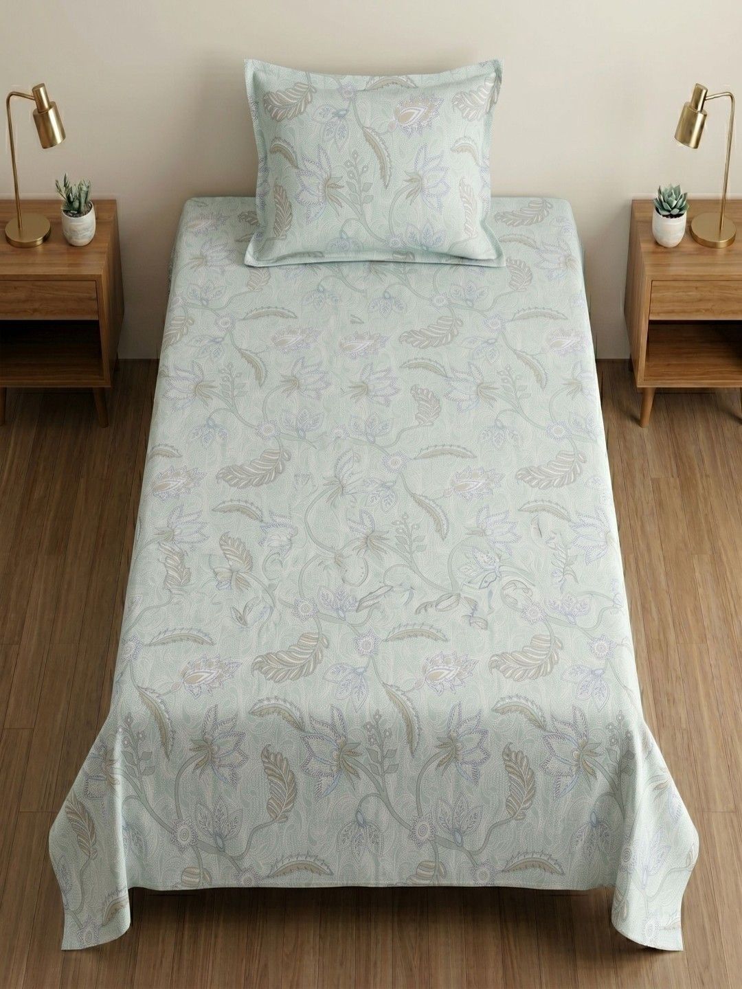MAFATLAL MAFATLAL Green Floral 186 TC Single Bedsheet with 1 Pillow Covers