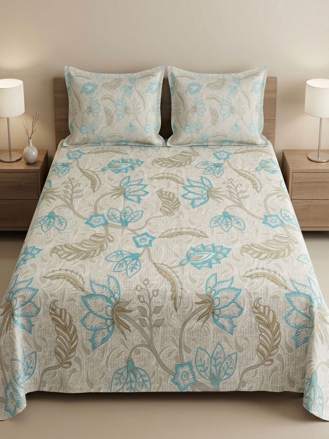 MAFATLAL MAFATLAL Beige Floral 186 TC Bedsheet with 2 Pillow Covers