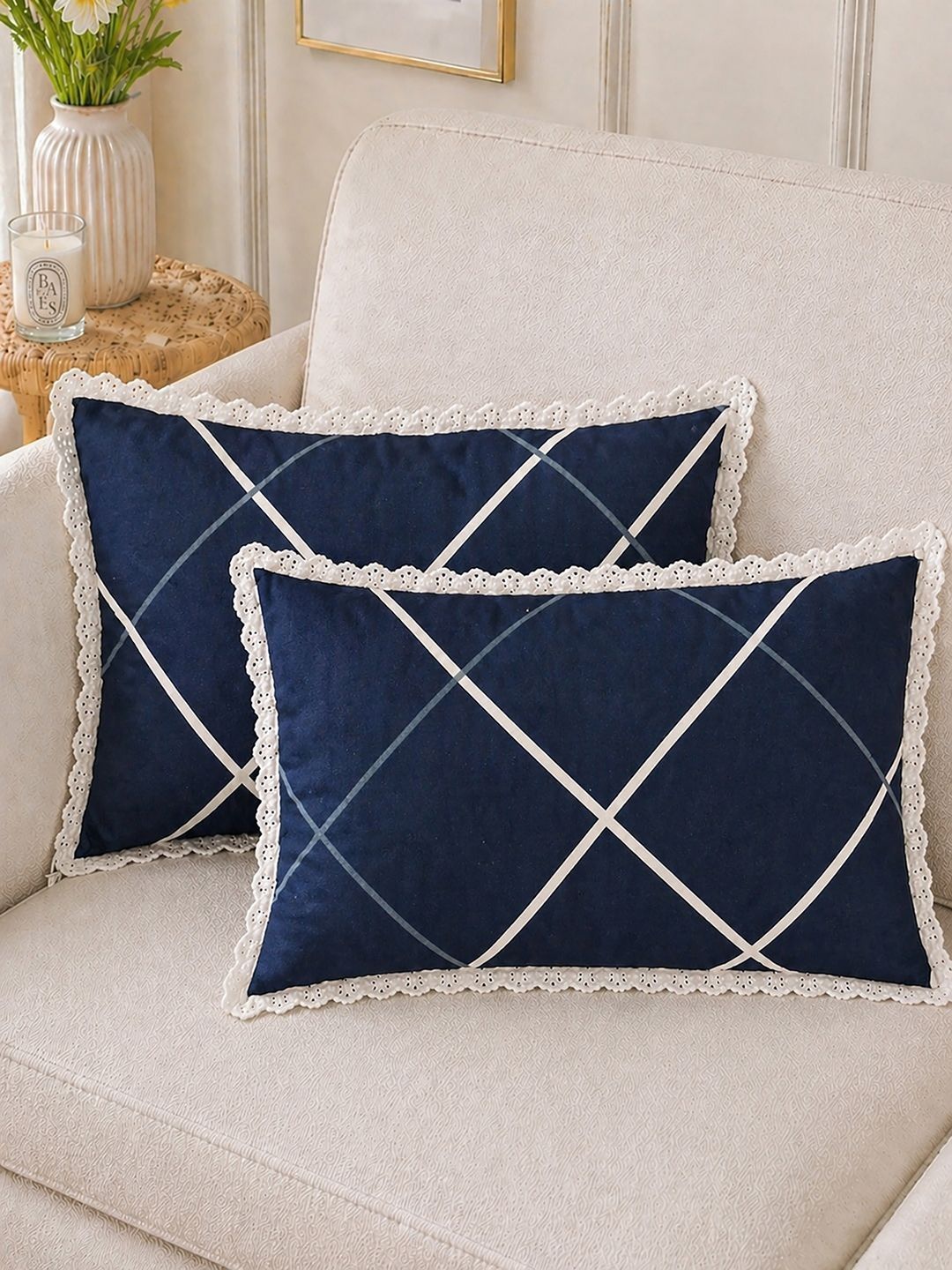MORADO MORADO Navy Blue & White 2 Pieces Solid Pure Cotton Blend Rectangle Pillow Covers