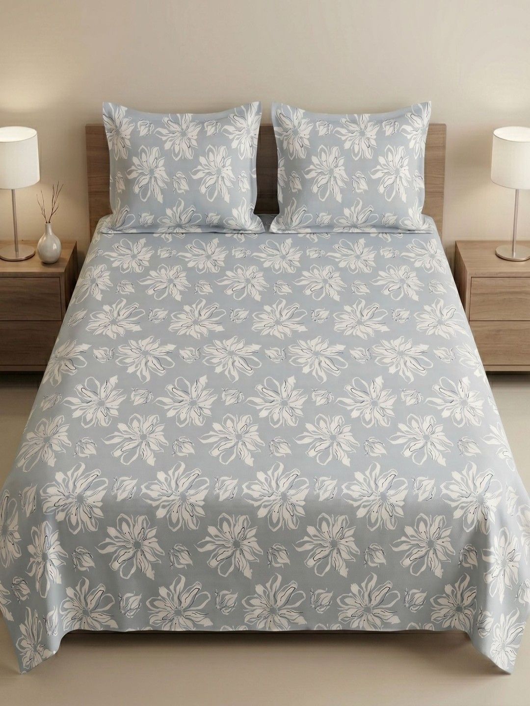 MAFATLAL MAFATLAL Grey Floral 186 TC Bedsheet with 2 Pillow Covers