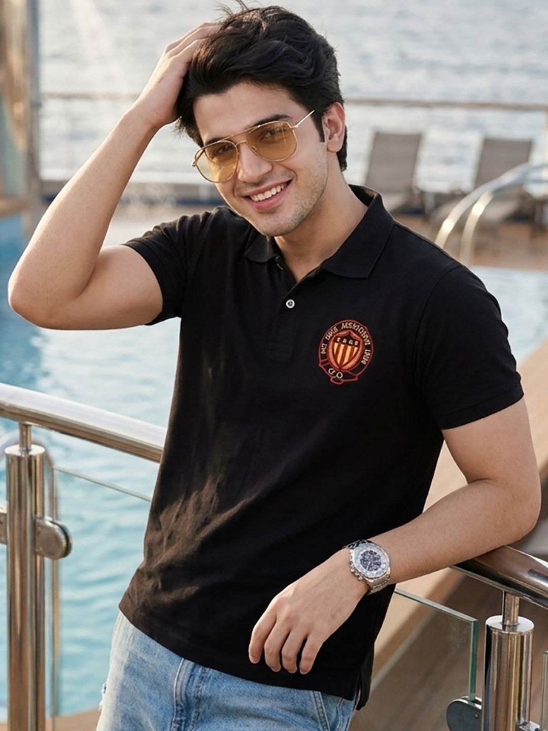 Mast & Harbour Typography Embroidered Polo Collar Short Sleeves Regular Fit T-shirt