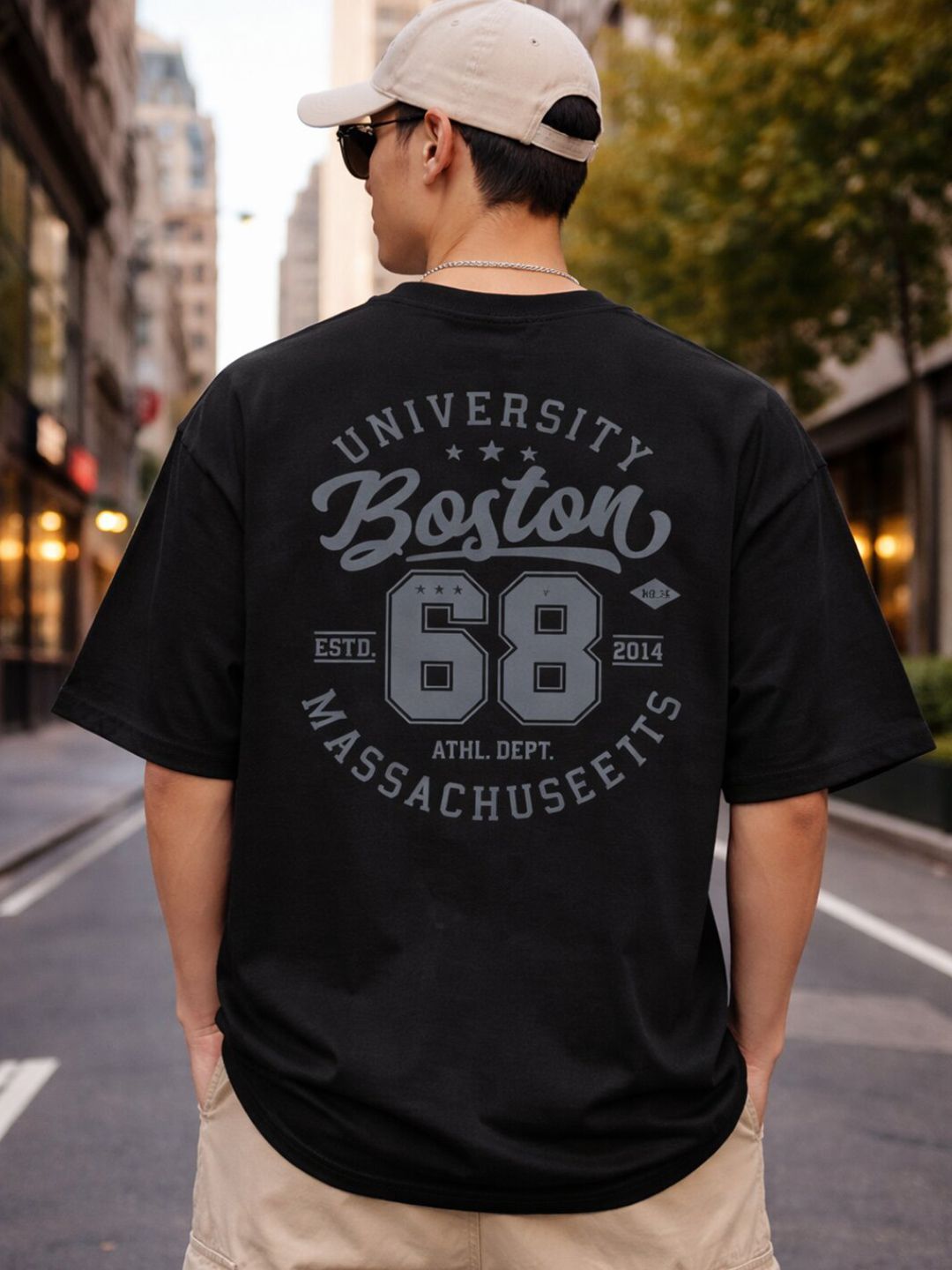 HASTEN Men Oversized Boston 68 Print Loose Fit Casual Cotton Tshirts