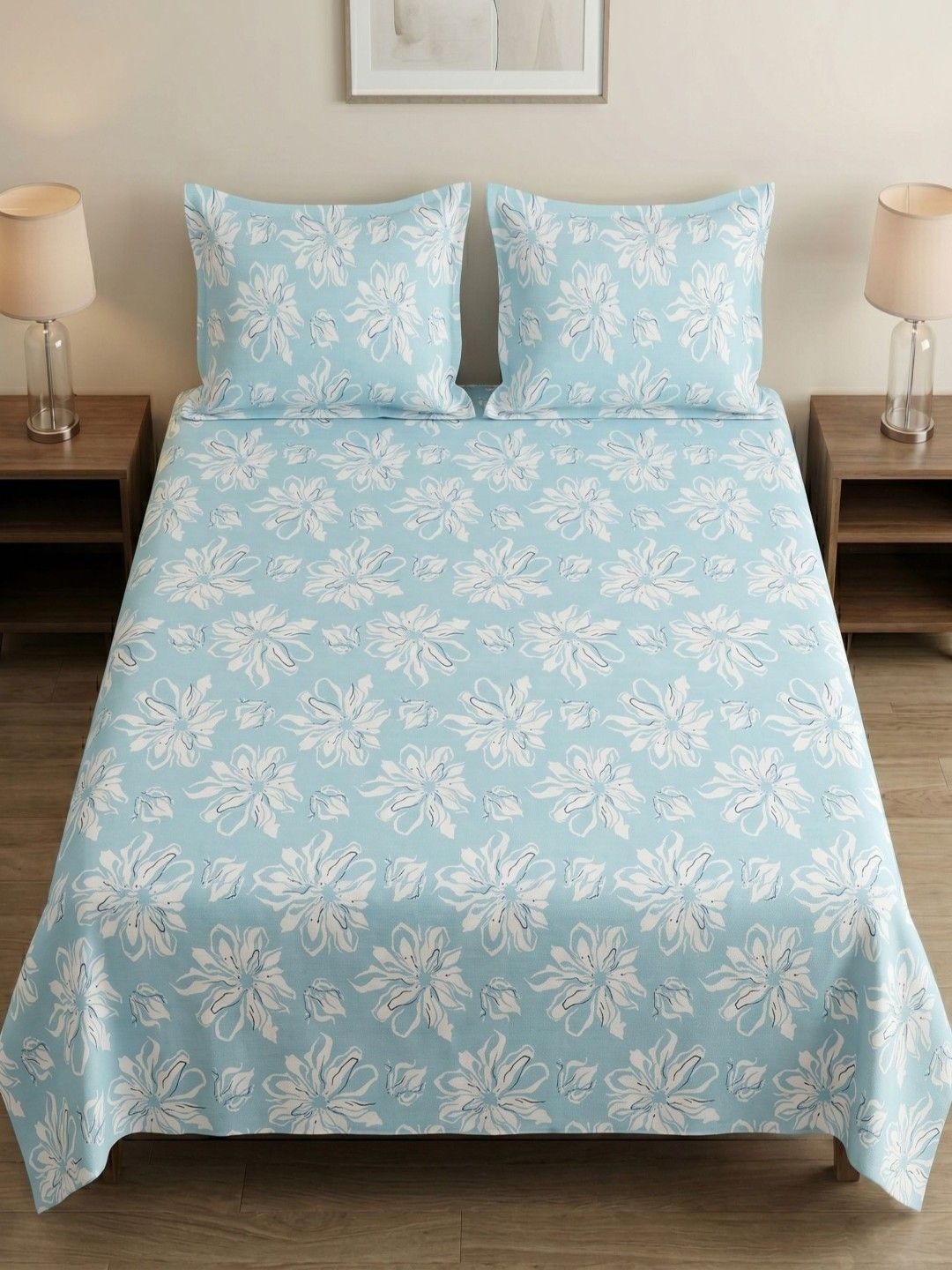 MAFATLAL MAFATLAL Blue Floral 186 TC King Bedsheet with 2 Pillow Covers