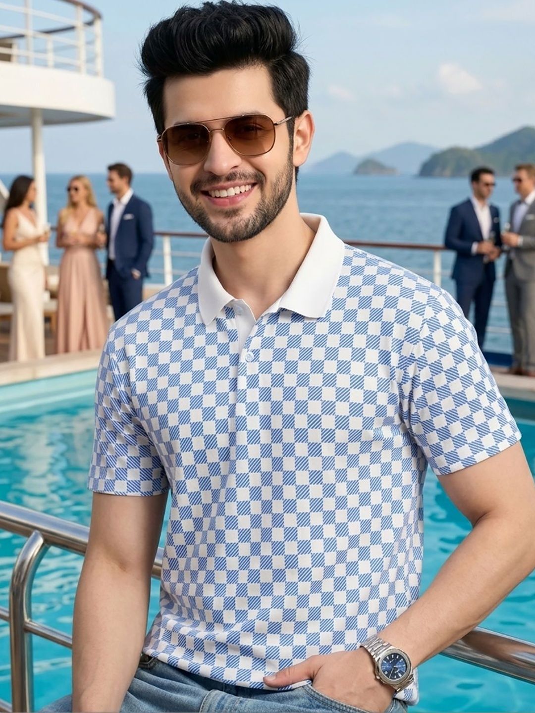 Mast & Harbour Men Checked Polo Collar T-shirt