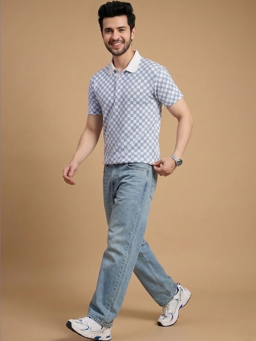 Mast & Harbour Checked Polo Collar Short Sleeves Casual Regular Fit Casual T-shirt