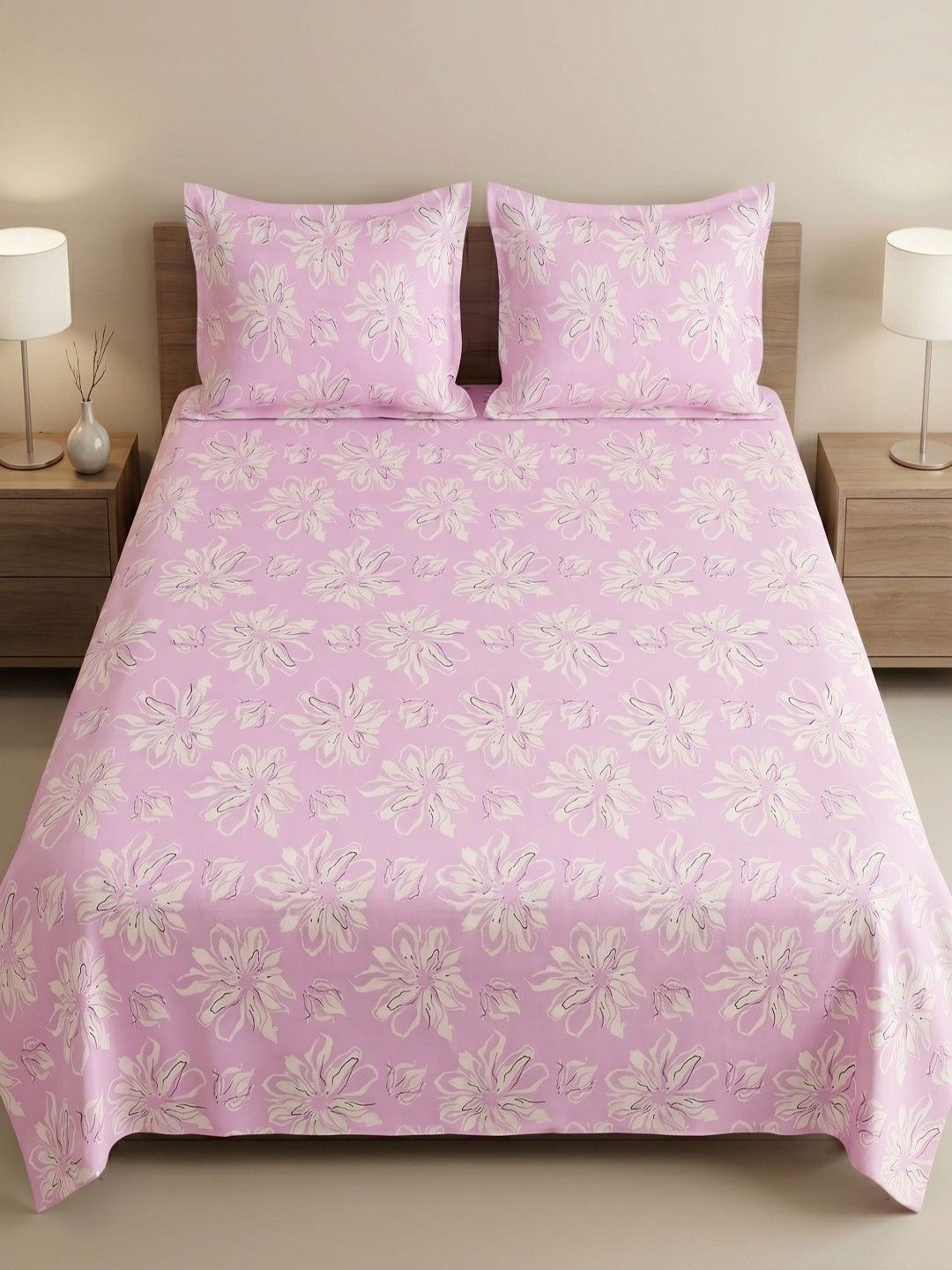 MAFATLAL MAFATLAL Pink Floral 186 TC Bedsheet with 2 Pillow Covers
