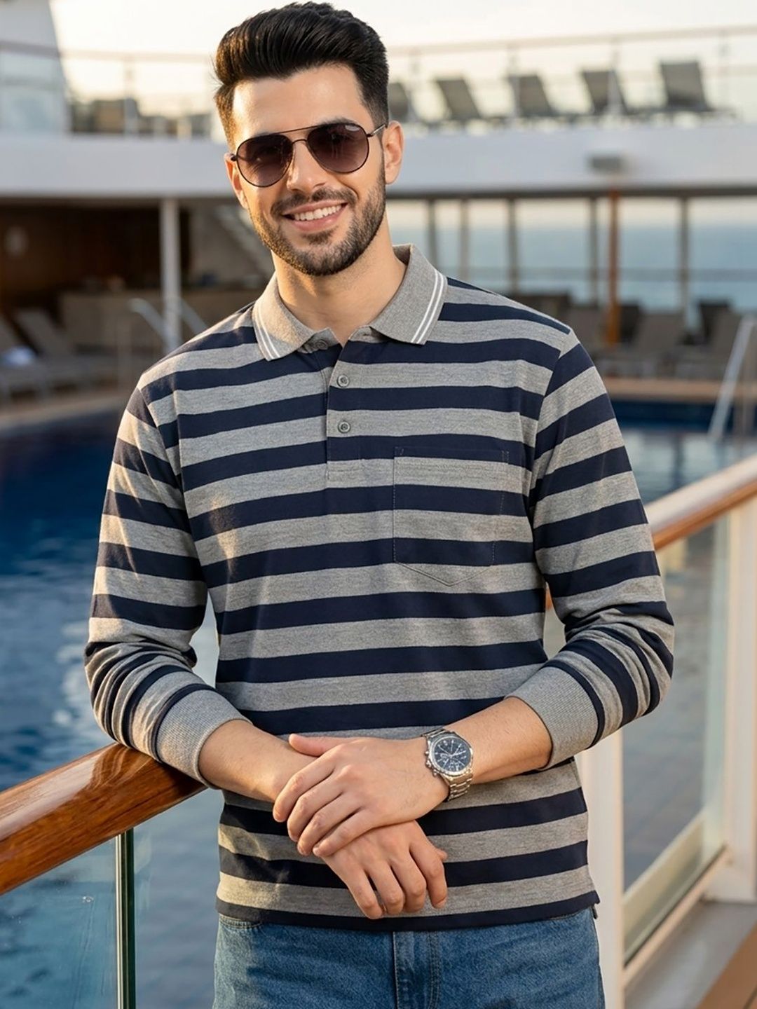 Kook N Keech Men Striped Polo Collar Pockets T-shirt