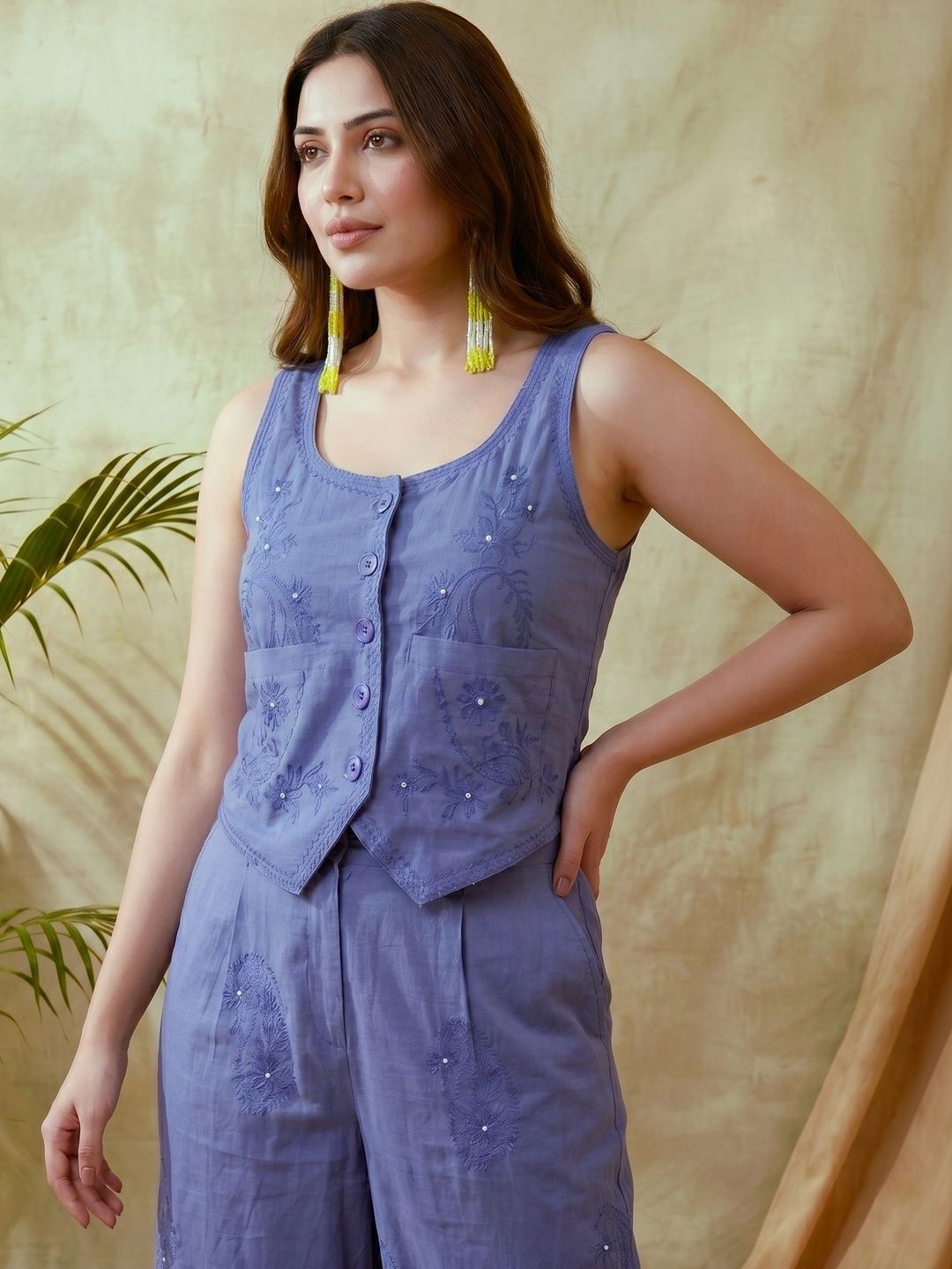 Sangria Indigo Cotton Embroidered Top with Trousers