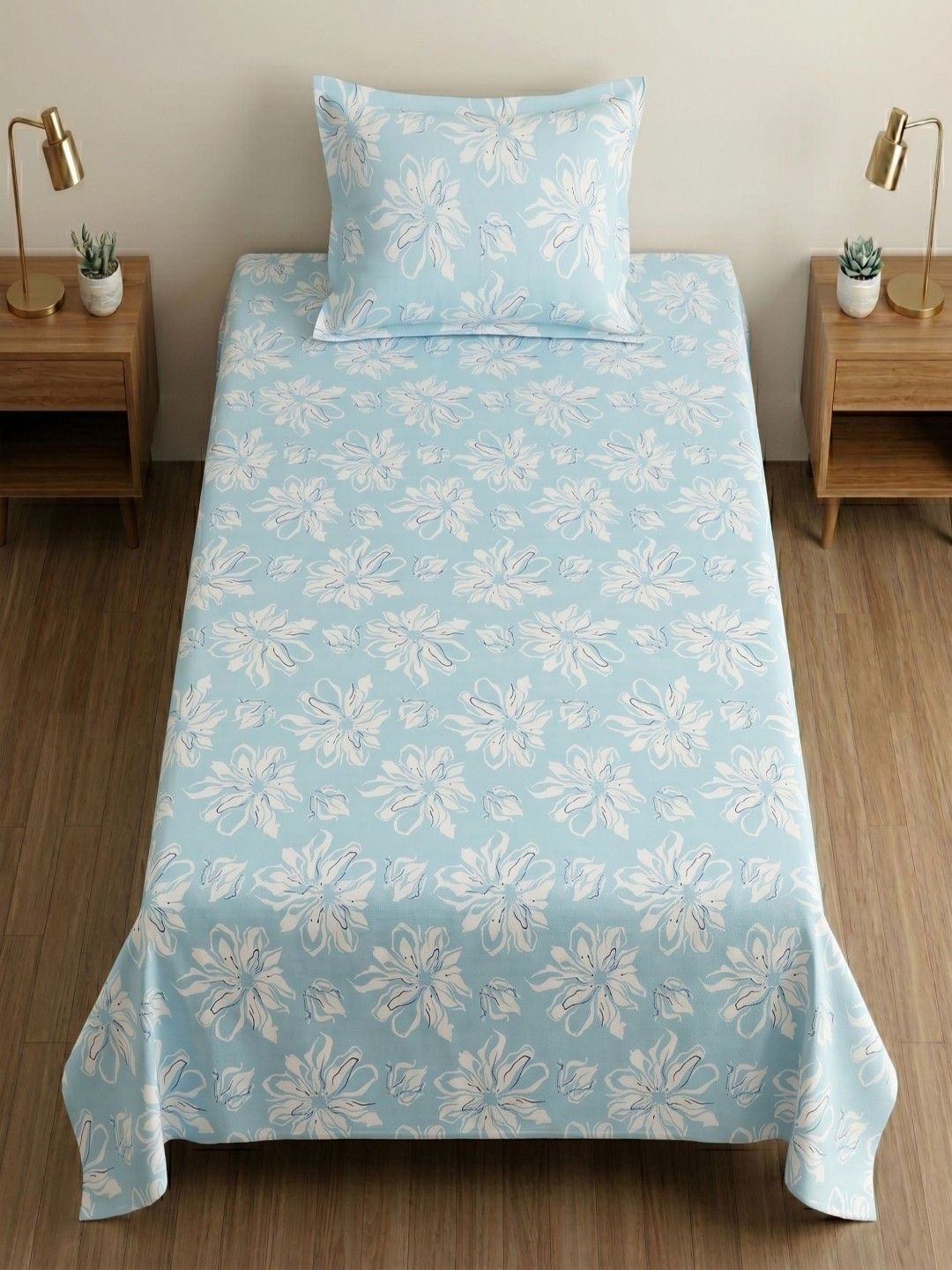 MAFATLAL MAFATLAL Blue Floral 186 TC Single Bedsheet with 1 Pillow Covers