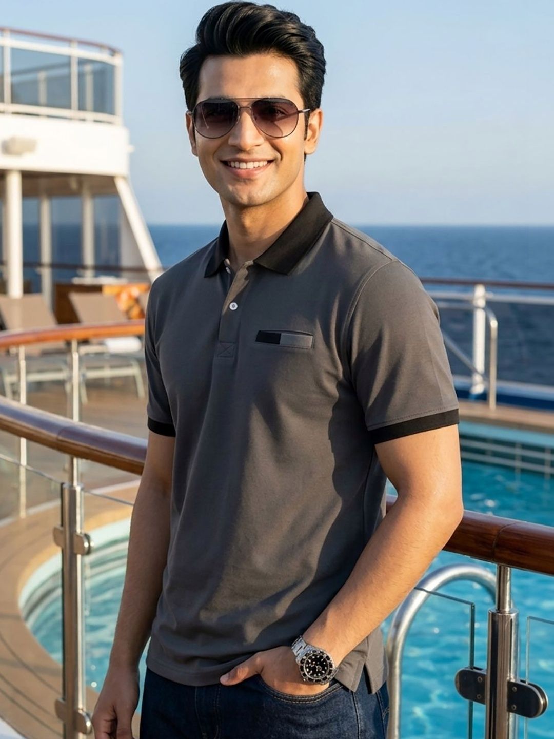 Mast & Harbour Men Colourblocked Polo Collar Pockets T-shirt