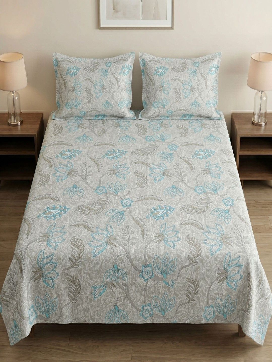 MAFATLAL MAFATLAL Grey Floral 186 TC King Bedsheet with 2 Pillow Covers