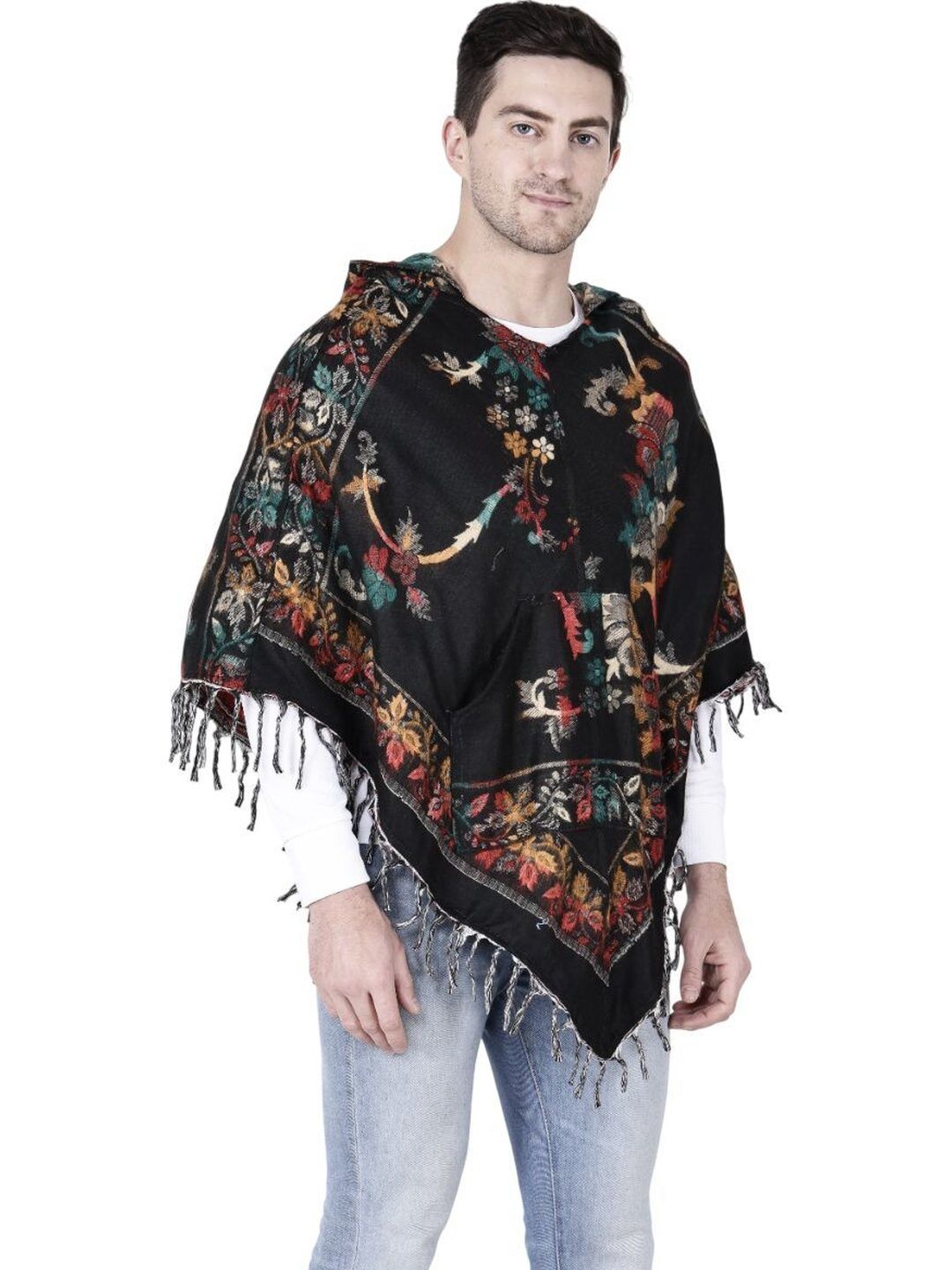 ARUNA KULLU HANDLOOM Men Printed Hood Pure Wool Poncho Sweaters