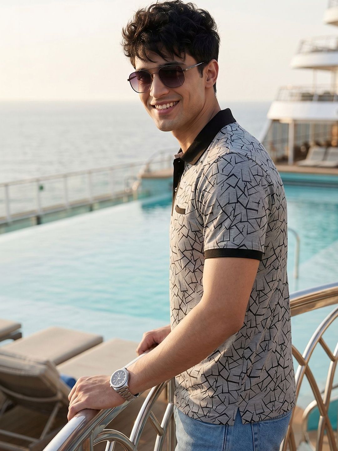 Mast & Harbour Geometric Printed Polo Collar Short Sleeves T-shirt