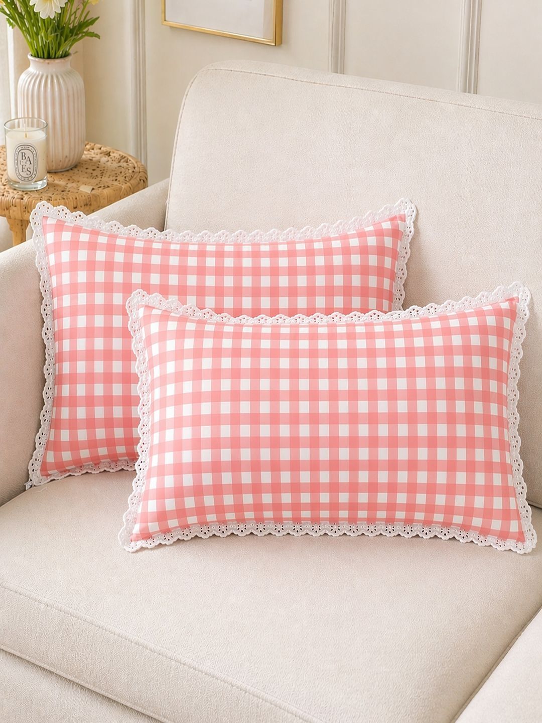 MORADO MORADO Pink & White 2 Pieces Checked Pure Cotton Blend Rectangle Pillow Covers