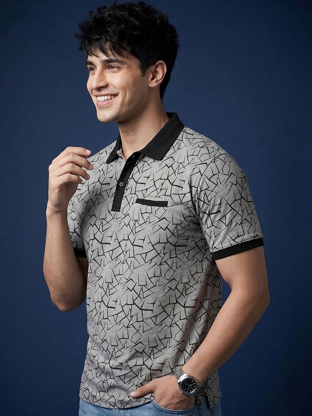 Mast & Harbour Geometric Printed Polo Collar Pockets T-shirt