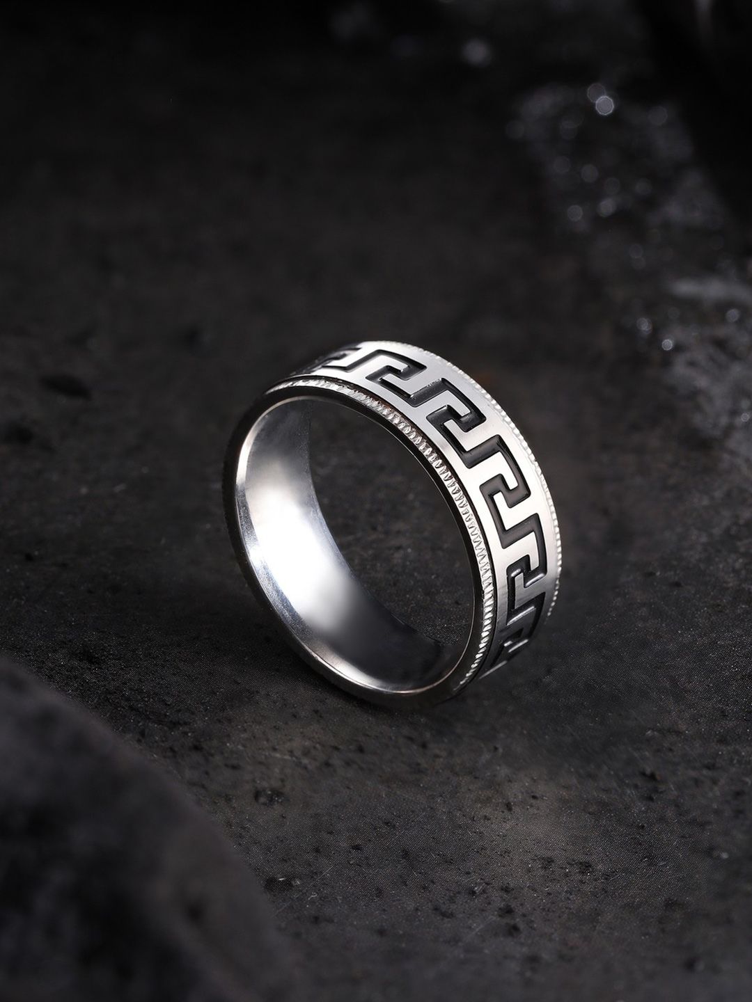 Jewelor Jewelor Men Silver-Plated Stainless Steel Geometric Pattern Finger Ring