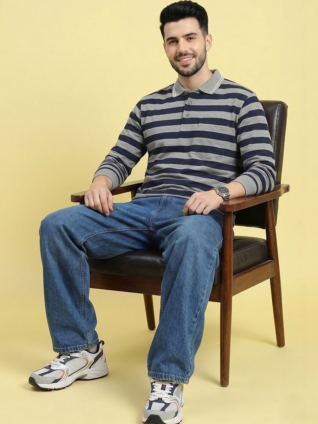 Mast & Harbour Men Striped Polo Collar Pockets T-shirt