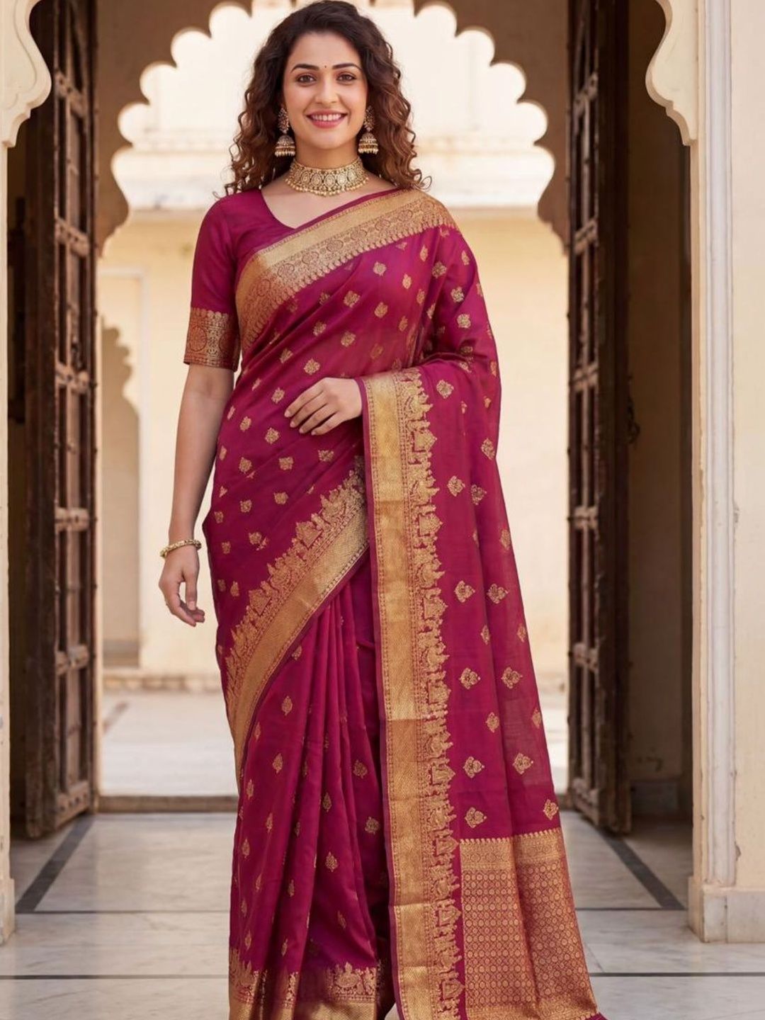 ODETTE Woven Design Zari Silk Blend Heavy Work Saree