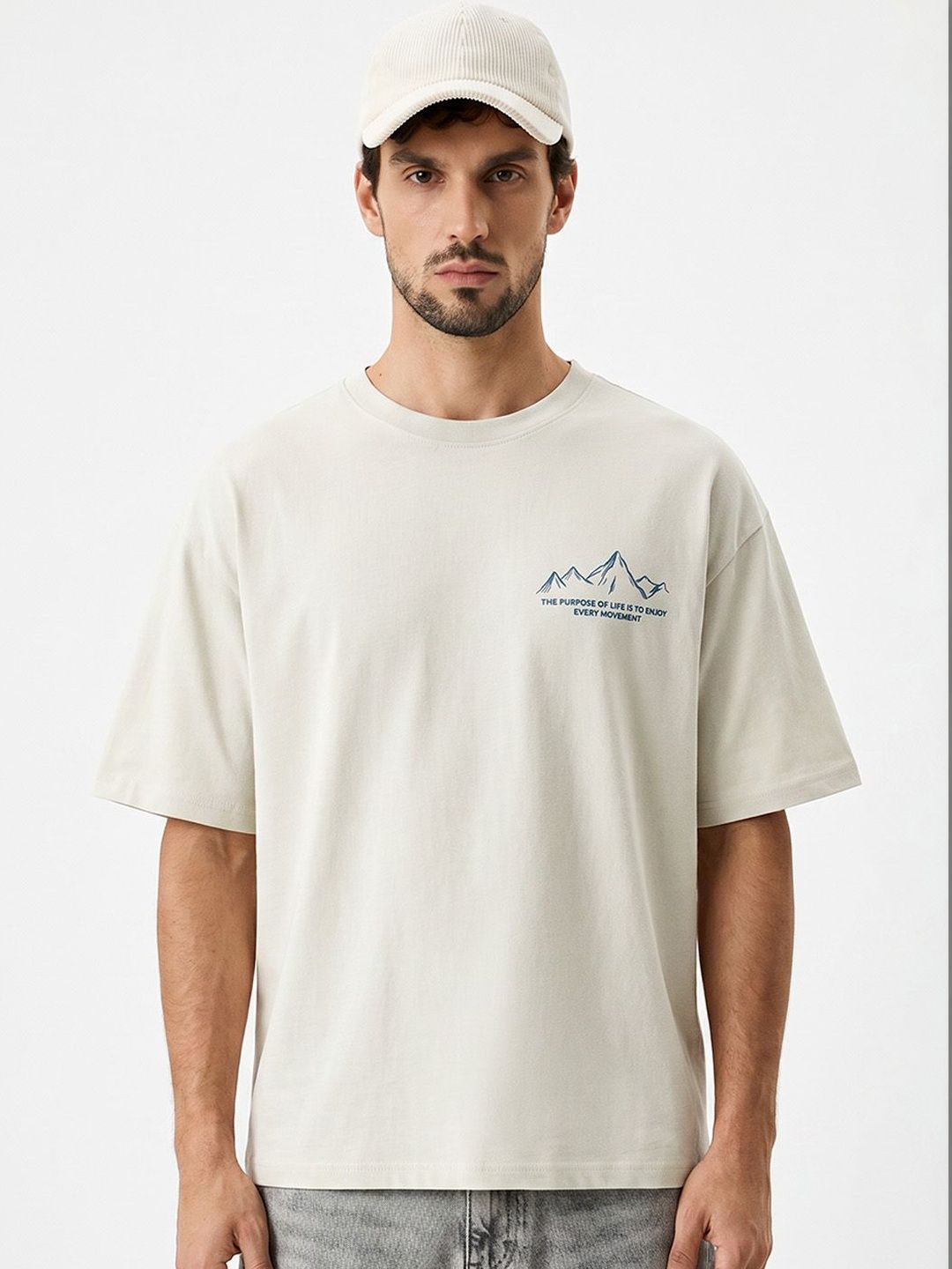Crazymonk Men Typography The Purpose Life Off White Drop-Shoulder Sleeves Oversized Fit T-shirt