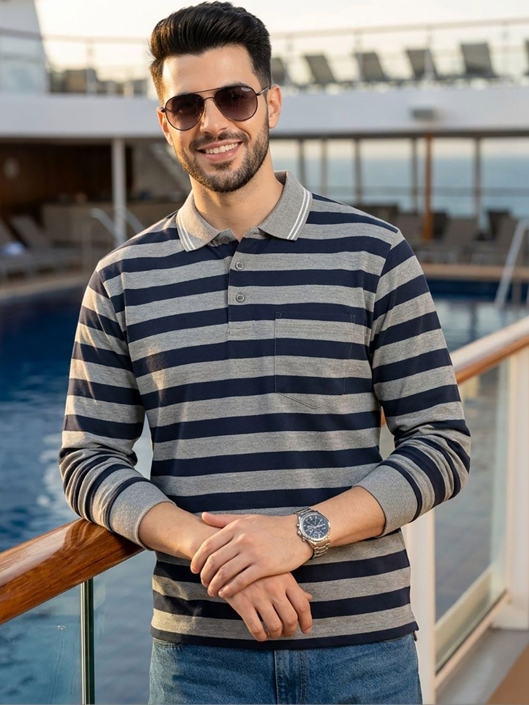 Mast & Harbour Men Striped Polo Collar Pockets T-shirt